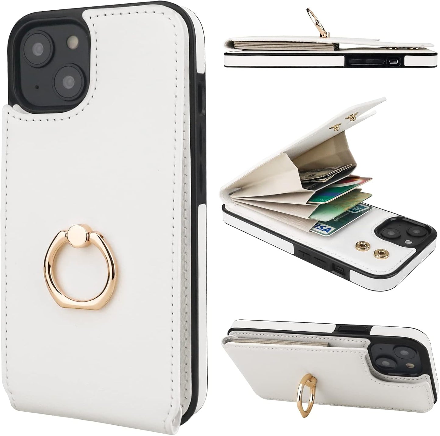 Folosu Compatible with iPhone 14 Plus Case Wallet with Card Holder, 360°Rotation Finger Ring Holder Kickstand, RFID Blocking Leather Protective Double Buttons Shockproof Cover 6.7 Inch White