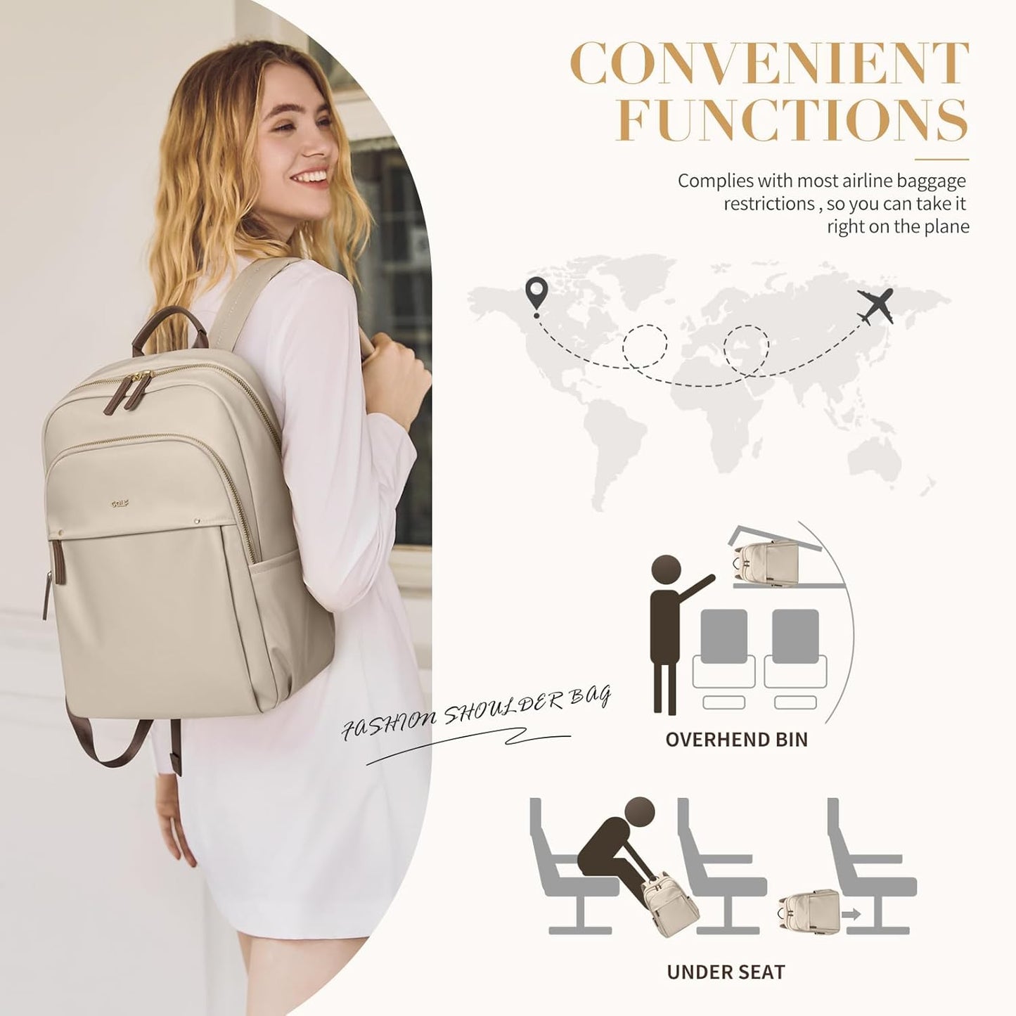 GOLF SUPAGS Stylish Laptop Backpack for Women Computer Bag Fits 14 Inch Notebook Travel College Work Backpacks Purse (Apricot)