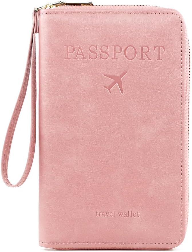 RFID Passport Wallet for Women & Men, Leather Zipper Travel Organizer with Waterproof Design (Pink)