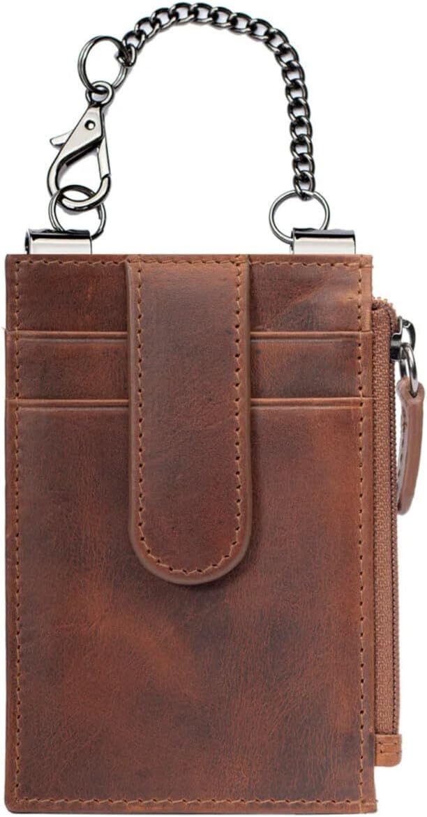 RFID Blocking Boot Wallet with Security Chain & Zipper Lock – Genuine Leather Wallets for Men, Travel Wallets Women, Minimalist Leather Card Holder