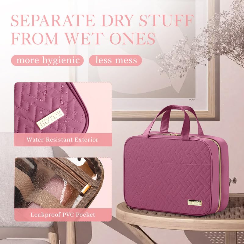 HOTOR Travel Toiletry Bag - Hanging Toiletry Bag for Women & Men, Makeup Bag/Big Comparment, Waterproof for Travel Accessories, Travel Essentials, Medium, Rosewood-Pink