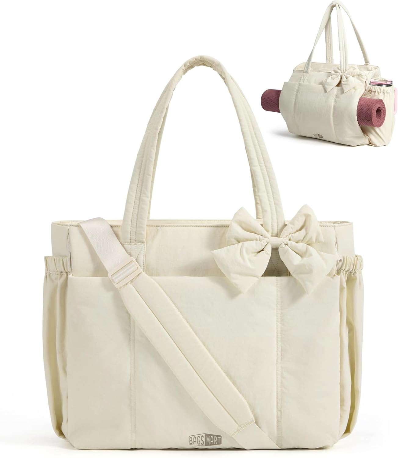 BAGAMSRT Crush Bow Tote Bag for Women, Large Work Tote with 40oz Tumbler, Puffer Travel Tote Bag