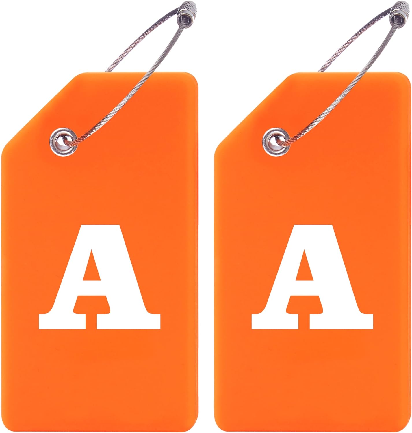 Gostwo 2 Pack Silicone Luggage Tags for Suitcases, 26 Initial Letter Baggage Labels Handbag School Bag Suitcase Instrument Tag with Stainless Steel Loop(Orange)(Letter A)