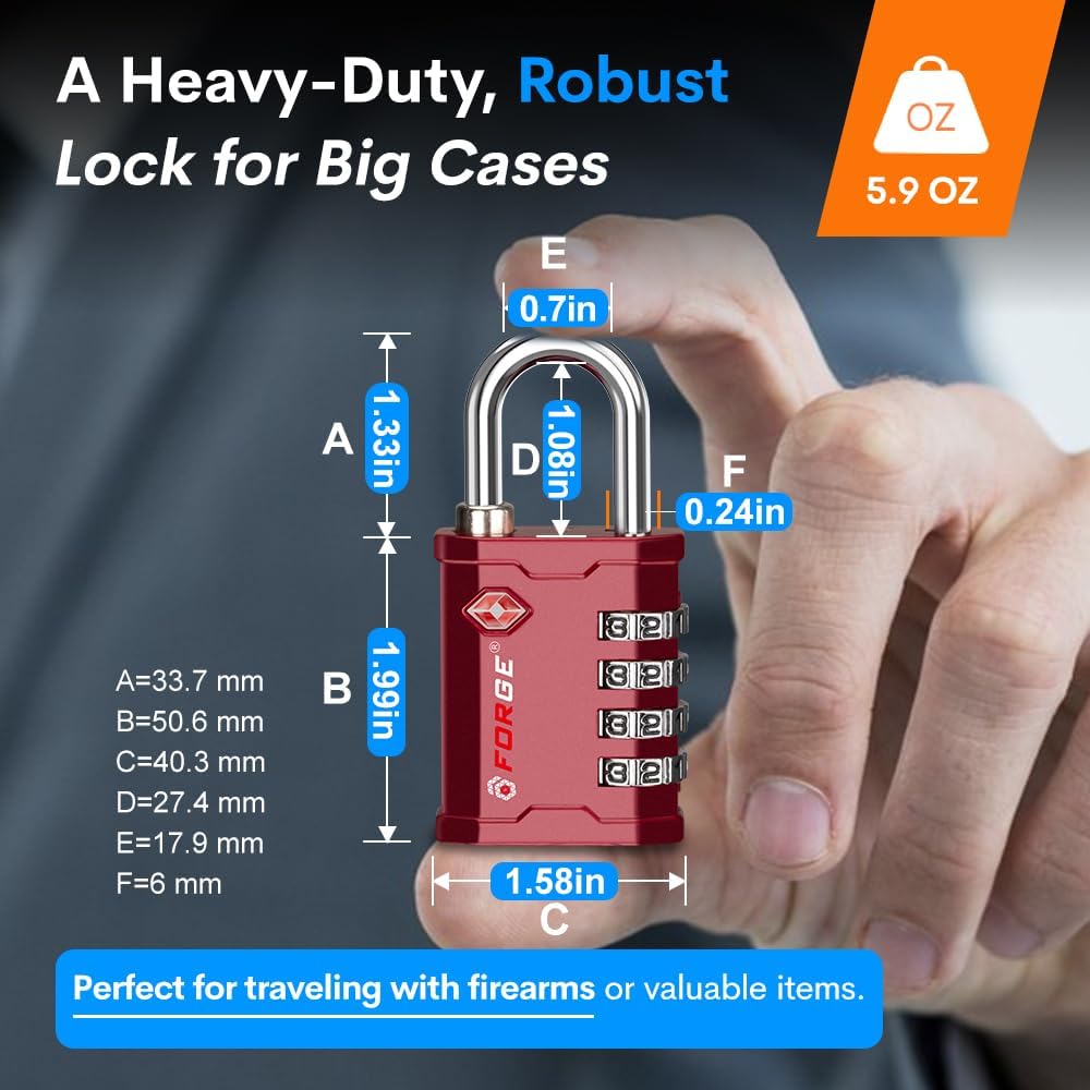 FORGE 4 Digit 17067 TSA Approved Gun Box, Tool Box and Case Lock, Combination Padlock for Travel, RED 1 Lock.