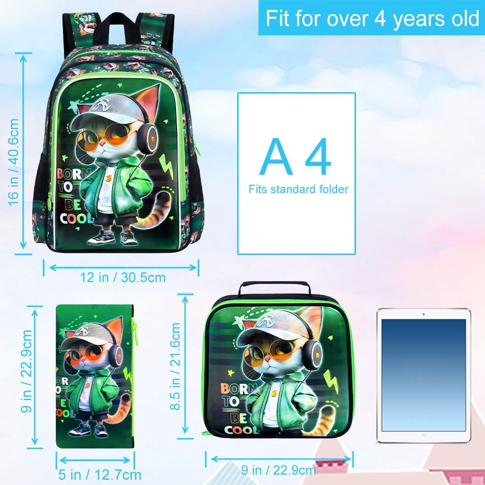 3PCS Dinosaur Backpack for Boys, 16 Inch Kids Water Resistant Preschool Elementary Kindergarten Bookbags and Lunch Box