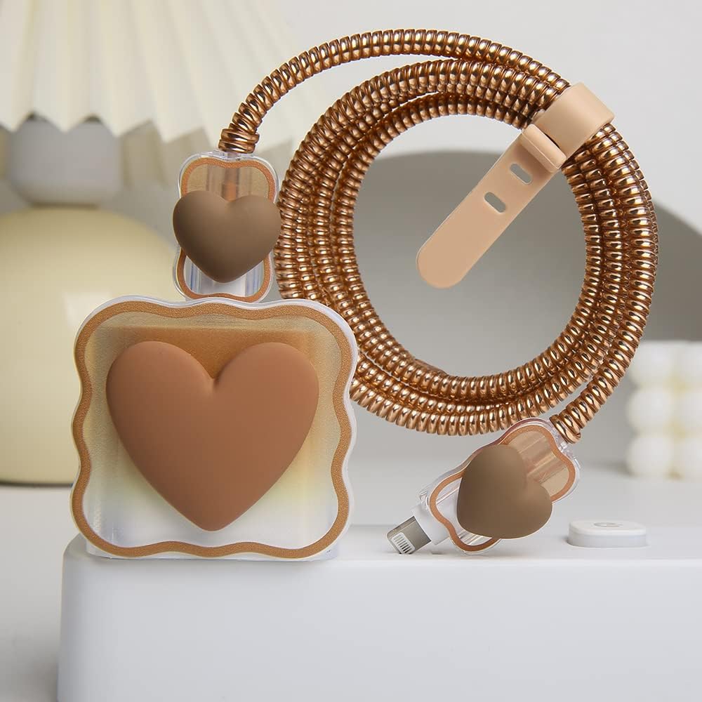 Compatible with iPhone 18W/20W USB-C Charger Cover Lovely 3D Love Heart Waves Clear Soft Charger Protector Cute Cable Saver for iPhone 11 12 13 14 Pro Max Fast Power Adapter, Brown 1 (5in1)