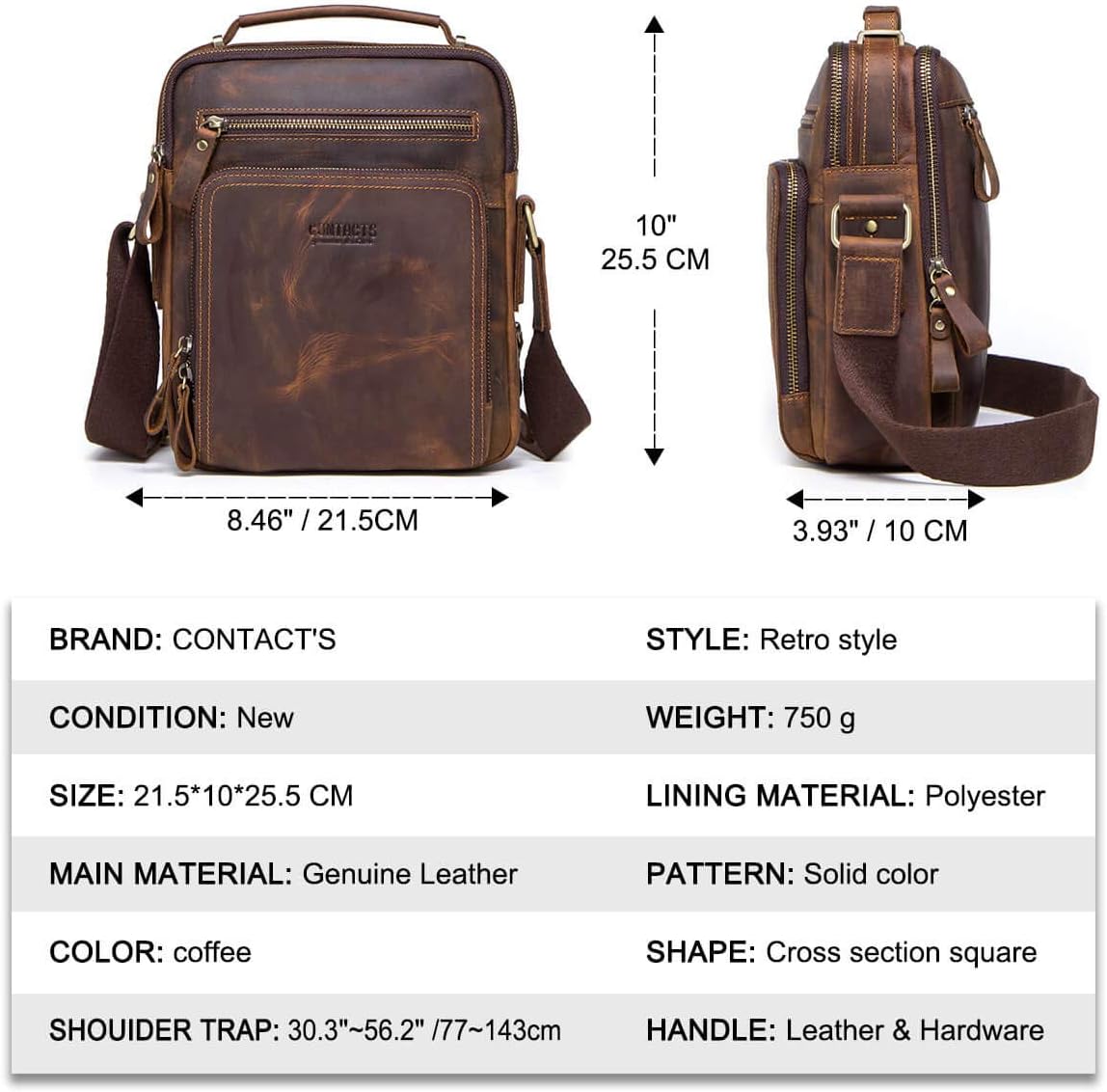 Hiram Men's Crazy Horse Cow Leather Messenger Bag, Crossbody Bag for Men, 25.5 cm x 21.5 cm x 10.0 cm, Coffee