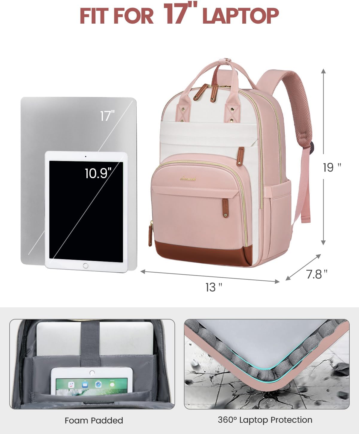 LOVEVOOK Backpack for Women,Laptop Backpack Women,Fits 17 Inch Laptop Bag,School Backpacks,Fashion Travel Work Anti-theft Bag,Waterproof Business Computer College Backpack Purse,Pink-Beige