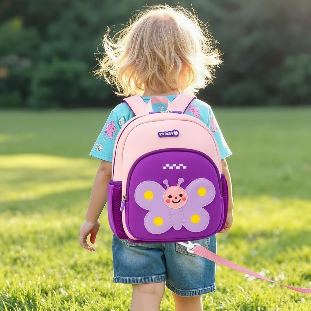 Padgene Toddler Harness Backpacks Safety Leash Kids Anti Lost Kindergarten Preschool Backpack Neoprene Lightweight Animal Schoolbag 3D Cartoon Butterfly Mini Travel Bag for Boys Girls Ages 3-5