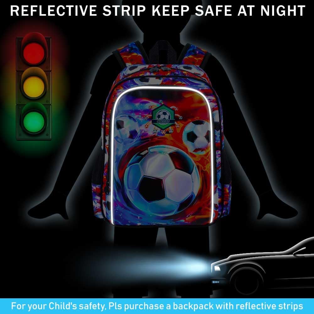 Soccer Backpack for Boys, 16" Kids Bookbag with Lunch Box, 3Pcs Football School Backpacks for Elementary Preschool Kindergarten (Fire and Ice)