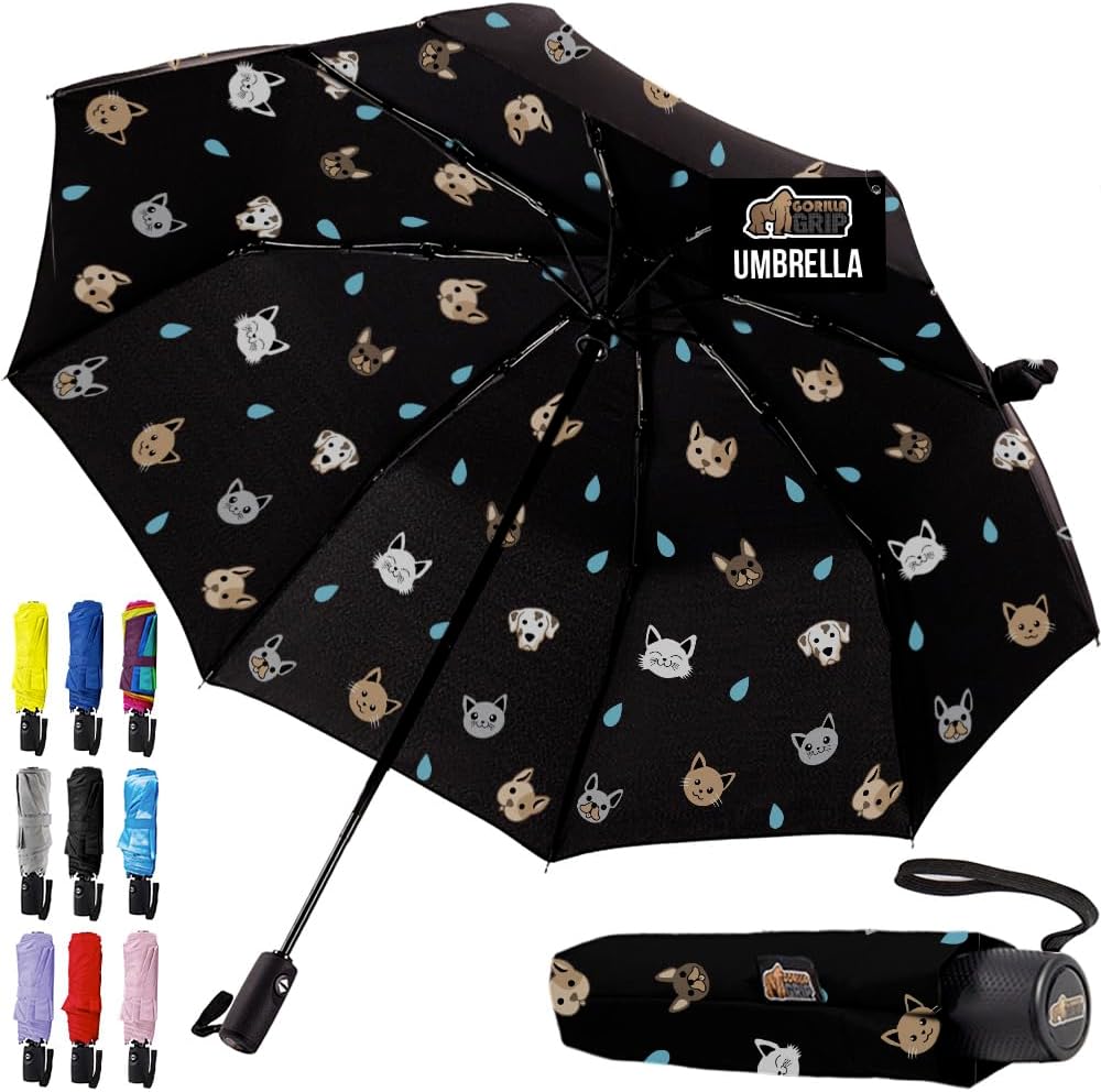 GORILLA GRIP Strong Windproof Stick Compact Umbrella for Rain, One-Click Automatic Open and Close