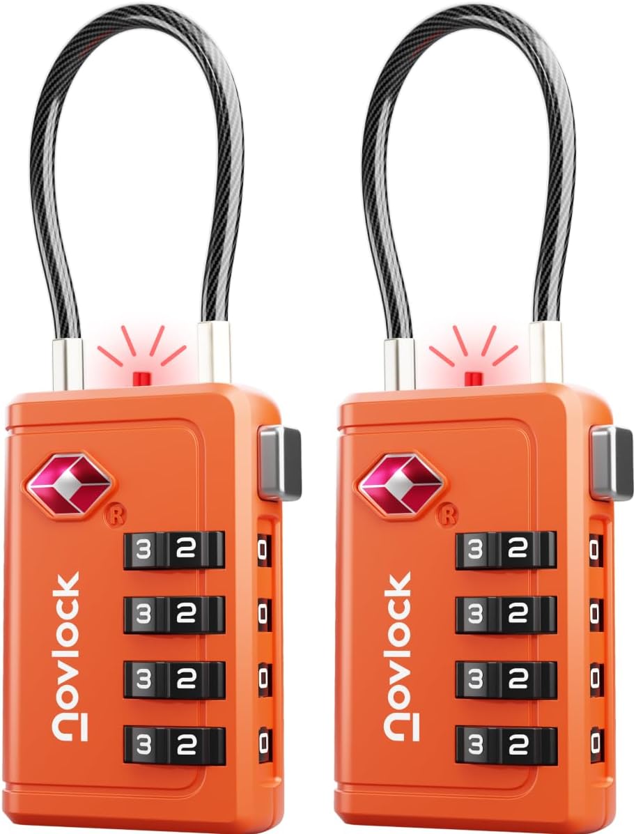 TSA Approved Luggage Locks | Inspection Indicator, 4-Digit Combination, Durable Zinc Alloy | for Suitcases, Backpacks, Travel Bags | Orange, 2-Pack