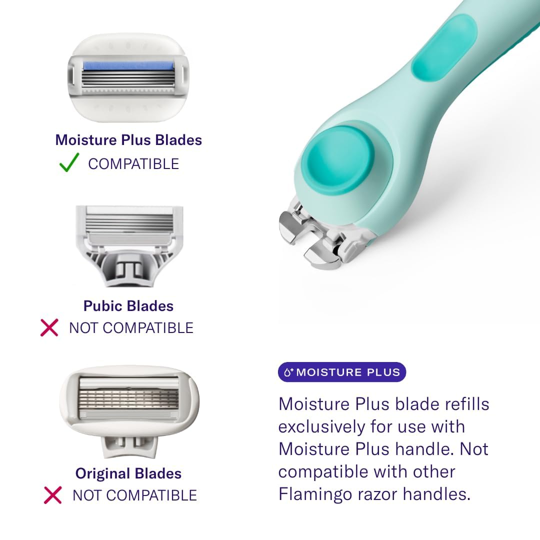 Flamingo Moisture Plus Women's Razor Set - No Shave Gel Needed - Razor Handle, 4 Blade Refills, Shower Holder - Seafoam