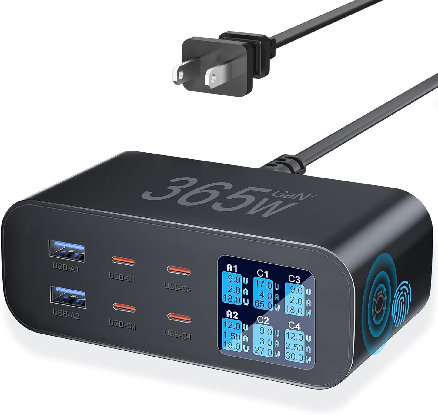 365W USB C Charger 6-Port with LED Display Adjustable Brightness, USB Charging Station GaN Multiport Fast Charger PD 100w 65W QC 3.0 Support PPS Compatible with MacBook iPhone Samsung, Black
