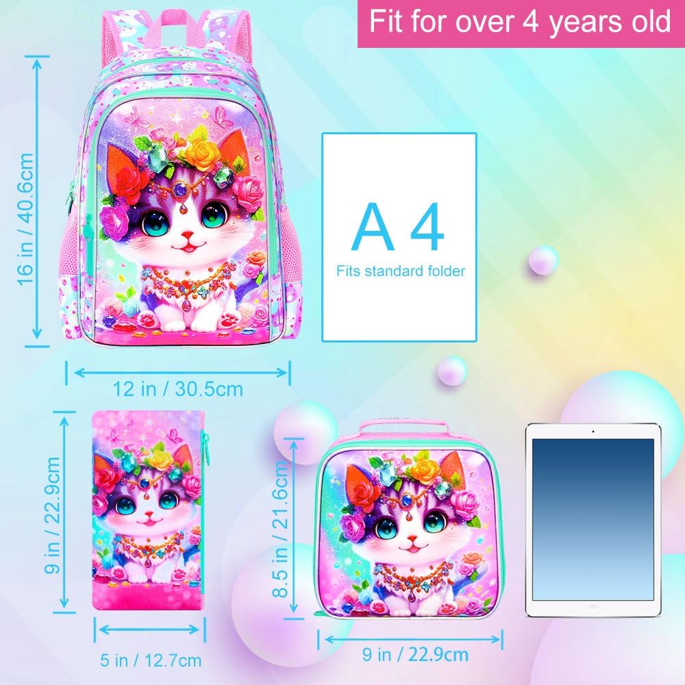 16" Cat Backpack for School, Girls Kids Bookbag with Lunch Box，3Pcs Backpacks for Elementary Preschool Kindergarten (Pink)