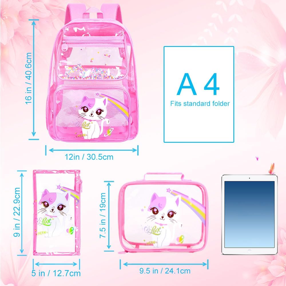 UFNDC 3PCS Clear Backpack for Girls and Boys, Unicorn Cat Transparent Bookbag, See Through School Bag for Kids Elementary