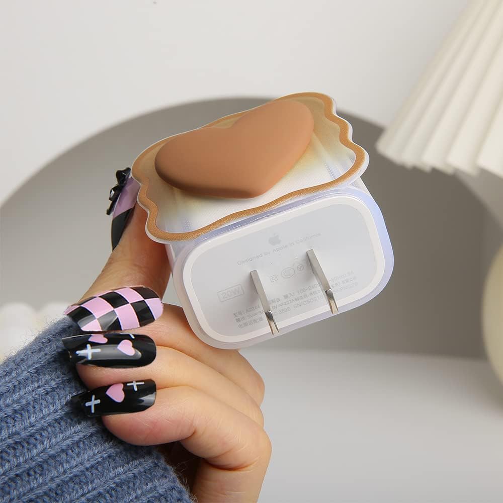 Compatible with iPhone 18W/20W USB-C Charger Cover Lovely 3D Love Heart Waves Clear Soft Charger Protector Cute Cable Saver for iPhone 11 12 13 14 Pro Max Fast Power Adapter, Brown 1 (5in1)