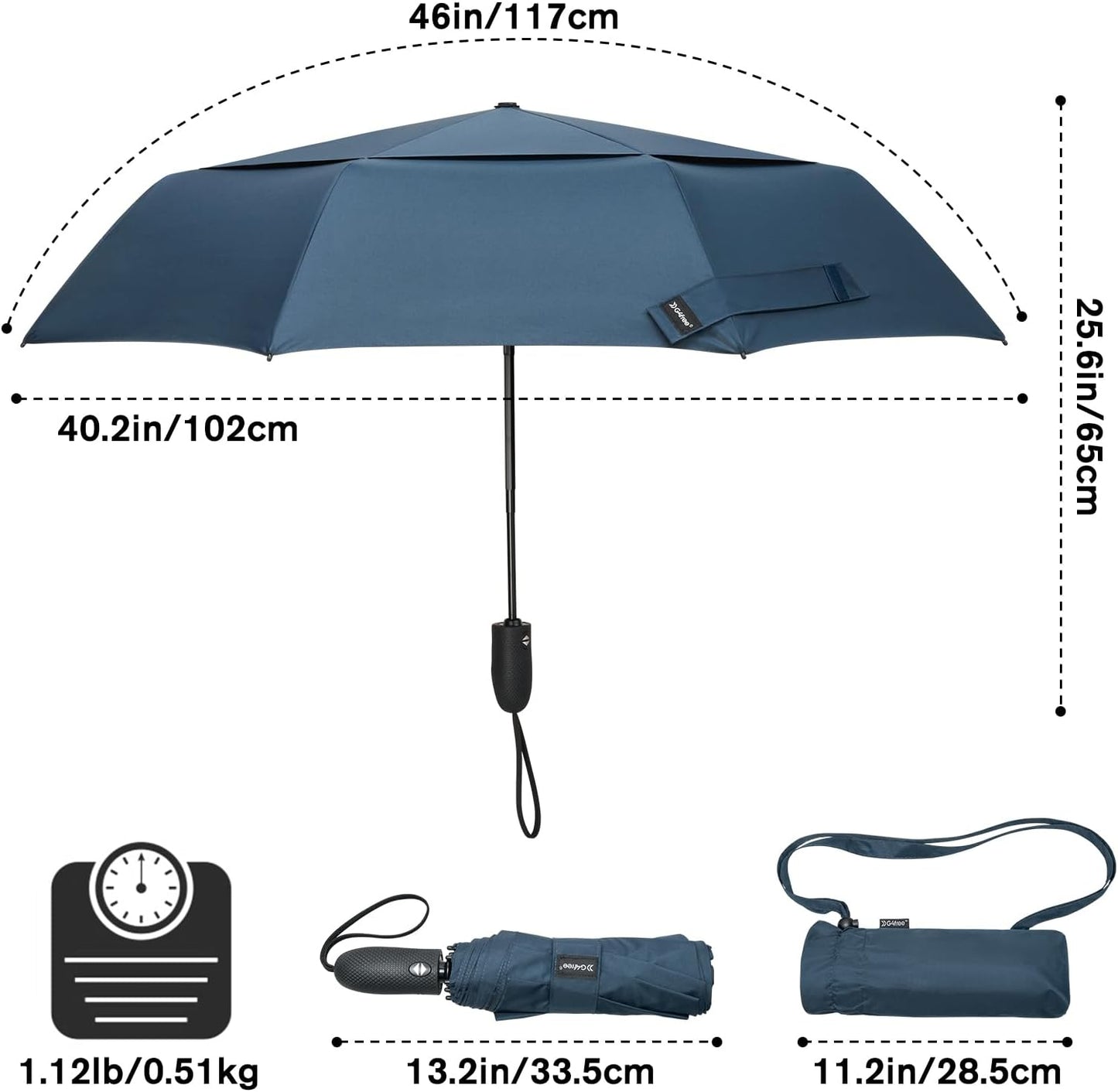 G4Free Windproof Travel Umbrellas for Rain 46inch Double Canopy Automatic Compact Umbrella with Strong Fiberglass Frame and Windproof Cable