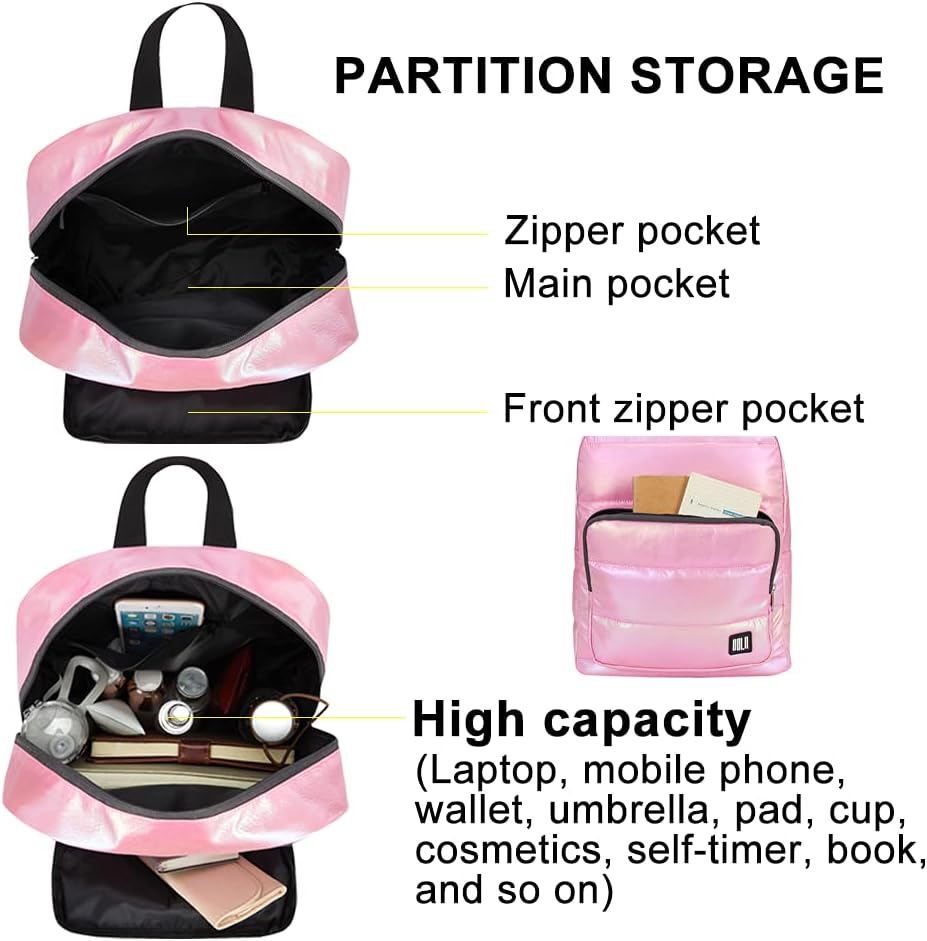 Backpack Purse for Women, Small Quilted Nylon Lightweight Backpack, Water Resistant Iridescent Puffy Casual Daypack