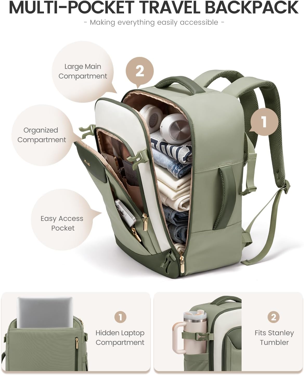 LOVEVOOK 50L Travel Backpack for Women Men, Large Carry on Backpack for Airplanes TSA Personal Item