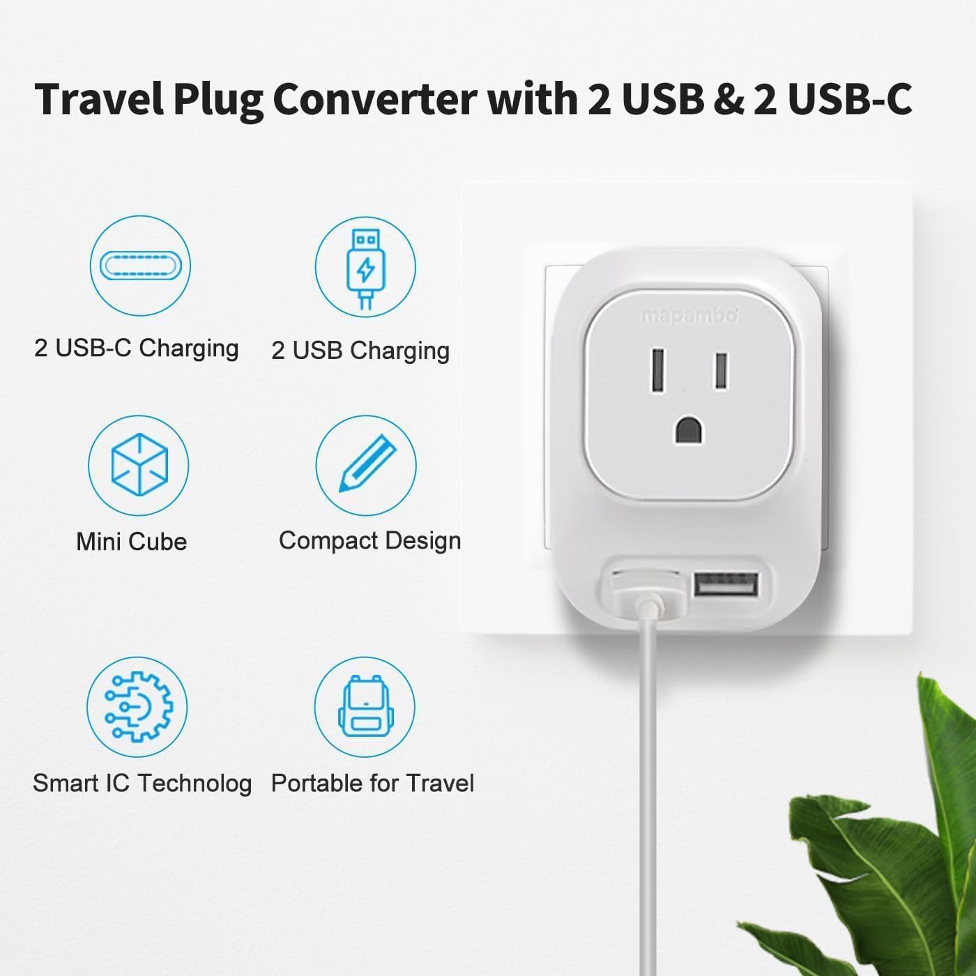 Mapambo 220V to 110V Voltage Converter US to Europe with 2 USB Port 2 USB C International Power Adapter Converter for European Travel Plug Adapter for US to France Germany Italy Spain (Jet Black)