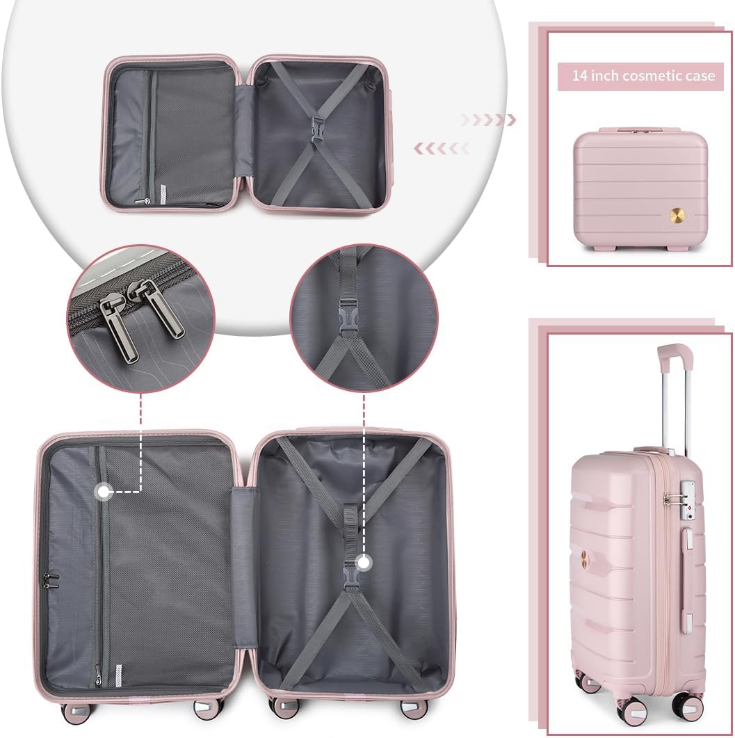 Somago Luggage Sets and Packing Cube Travel Set Lightweight Hardside Polypropylene Suitcases with Double Spinner Wheels and TSA Lock,Nude Pink