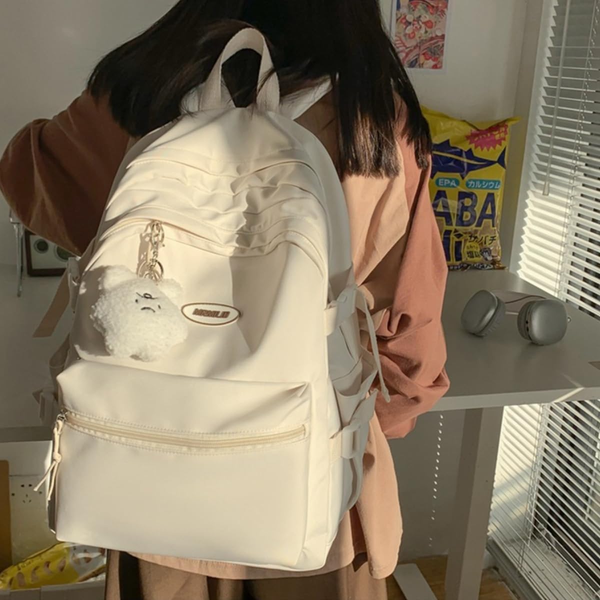 Kawaii Backpack with Cute Accessories Casual Aesthetic Daypack Simple Laptop Bag Waterproof Travel