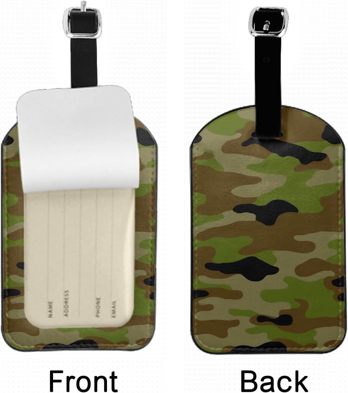 Camouflage Pattern Leather Luggage ID Tag Hunting Green Brown Graphic Baggage Tags with Full Privacy Cover for Travel Bag Suitcase Set, 1 Pack