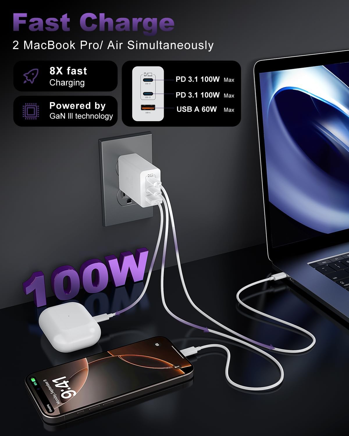 USB C Charger Block 100W, 3-Port GaN Super Fast Charger, Type C 65W Wall Charger Adapter with 10ft USB C Charging Cable for MacBook Pro/Air,iPad Pro, iPhone 17/16/15Pro, S25/S24/S23 and More[2 Pack]