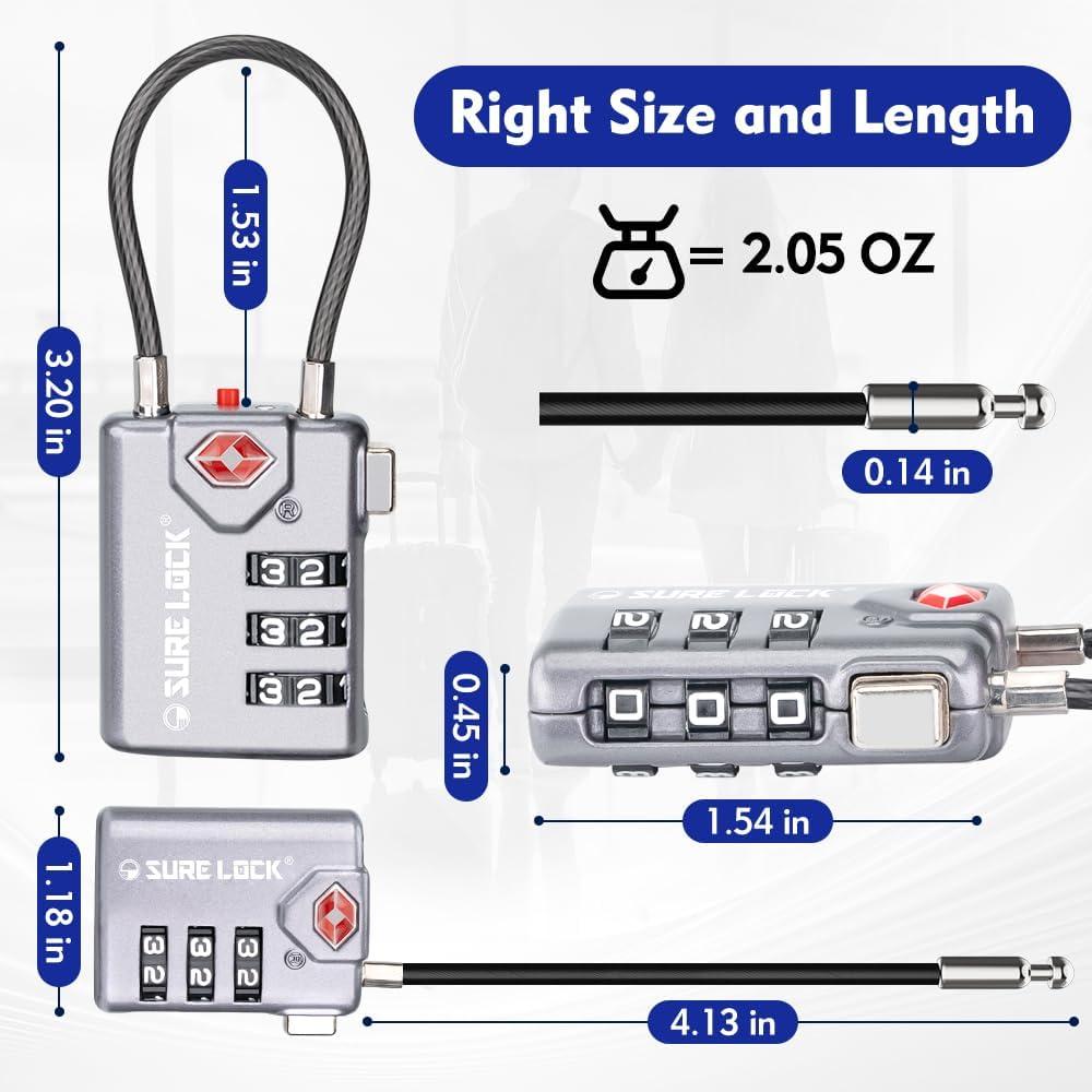 SURE LOCK TSA Compatible Travel Luggage Locks, Inspection Indicator, Easy Read Dials TSA Approved with Zinc Alloy Grey 4 Pack
