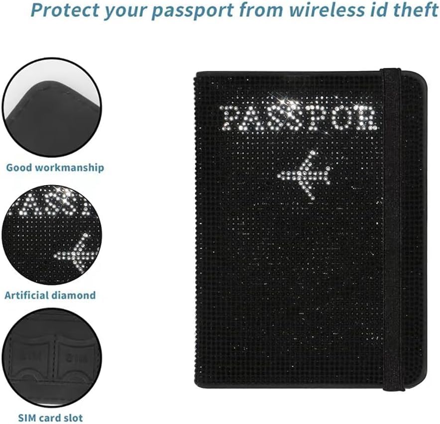 Genuine Leather Wallet Passport Holder for Men and Women Travel Organizer with Bling Rhinestone Design Elegant and Stylish (Black)