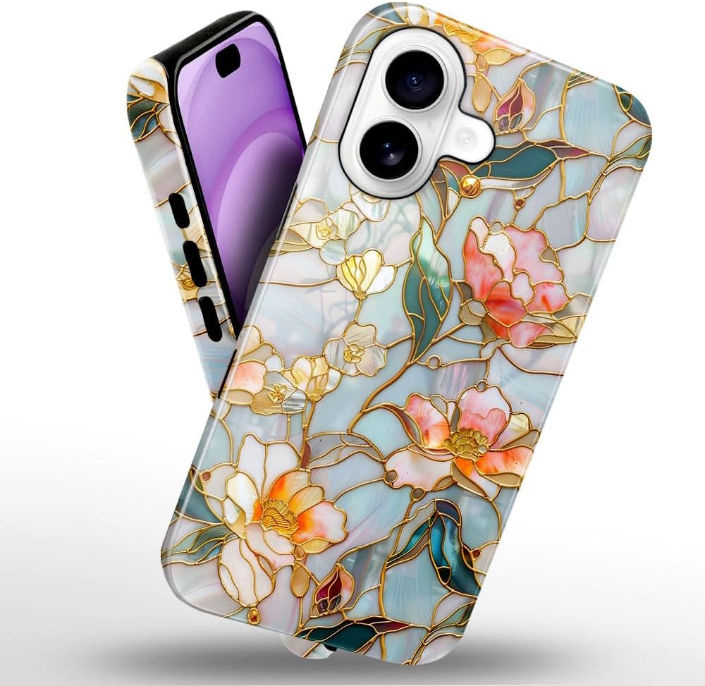 Case for iPhone 17 - Slim Fit Anti-Scratch Phone Case for Girl Women - Stained Glass Aesthetic Flowers (Glossy)