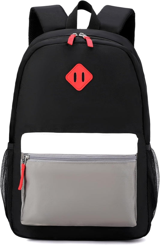 Kids Backpack Elementary School Backpacks 5-9 Years for Boys and Girls with Chest Buckle (Black Grey, Large-17 H)