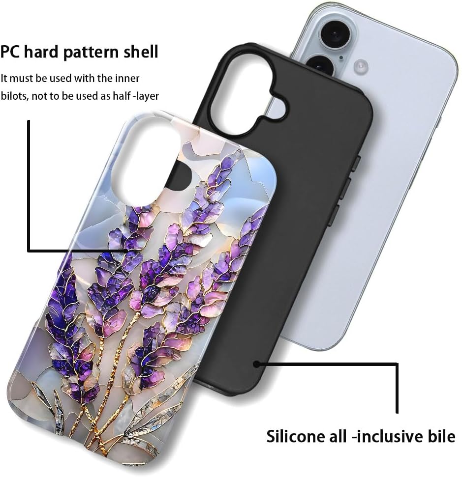 Case for iPhone 16 - Slim Fit Anti-Scratch Phone Case for Girl Women - Lavender Stained Glass Purple Floral (Glossy)