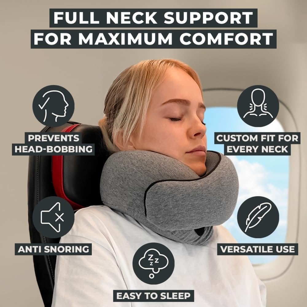 FlyHugz® Neck Travel Pillow Memory Foam Neck Pillow for Comfort on Airplane Compact and Ergonomic