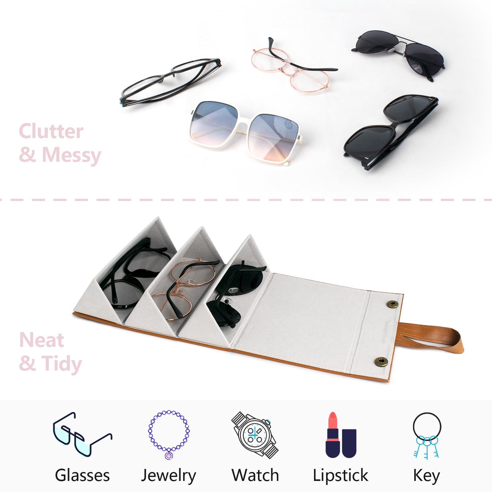VACONICO Sunglasses Travel Case, Travel Sunglasses Case Organizer with 3 Slots Foldable Eyeglasses