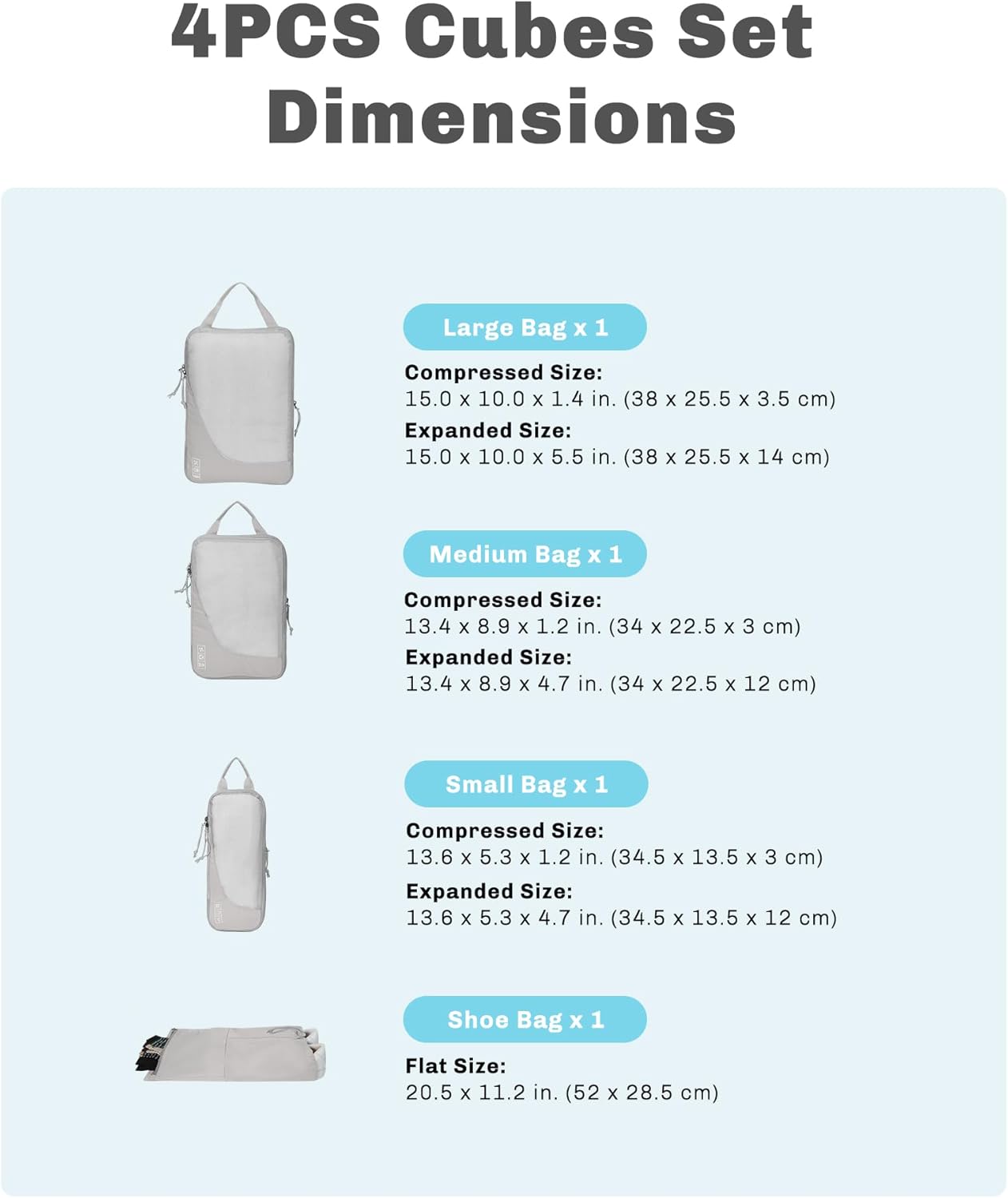 Hynes Eagle 6 Set/ 4 Set/ 2 Set Compression Packing Cubes Travel Essentials Lightweight Nylon Luggage Suitcase Organizer Bag Light Grey 4PCS