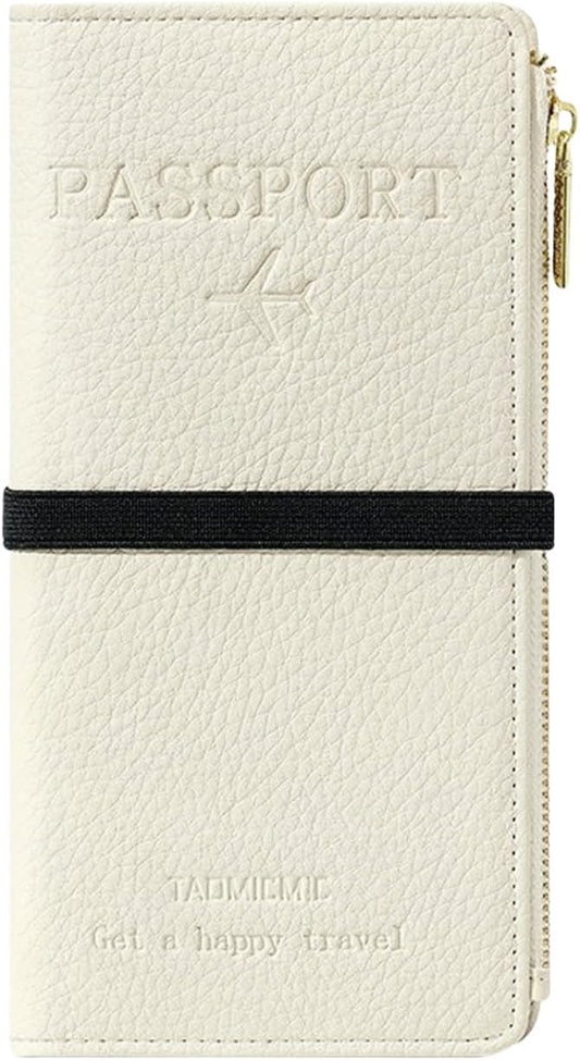 RFID-Blocking Leather Travel Wallet & Passport Holder with Zipper Pocket, Card Slots, and Phone Compartment – Waterproof Travel Organizer for Women & Men. TG-1 (White)