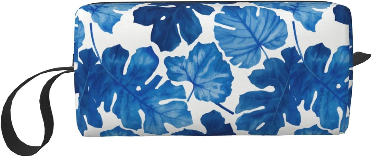 Blue Tropical Leaf Makeup Bag Small Compact Durable Travel Cosmetic Bag Organizer Oxford Fabric Multi-Purpose Storage Perfect for Travel, Gym, Daily Use