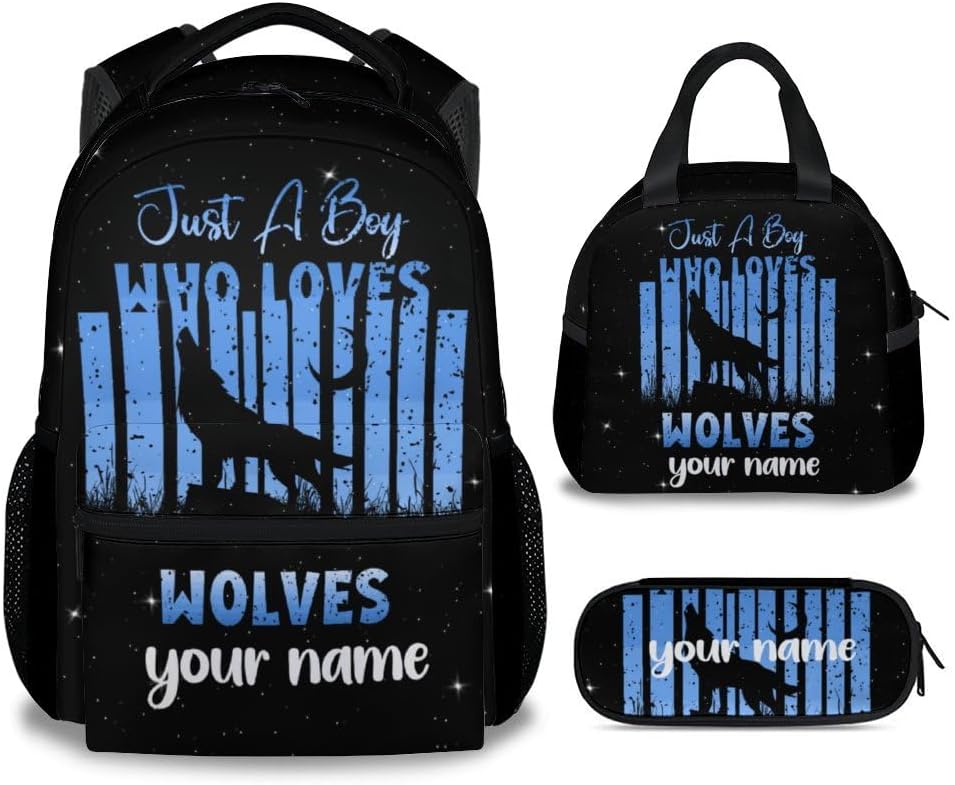 UNIKITTY Personalized Kids Backpack Set with Lunch Box, Wolf Backpack for Boys, Black Cool Large Capacity Bookbag with Adjustable Straps, 17" School Backpack for Kids Children Preschool