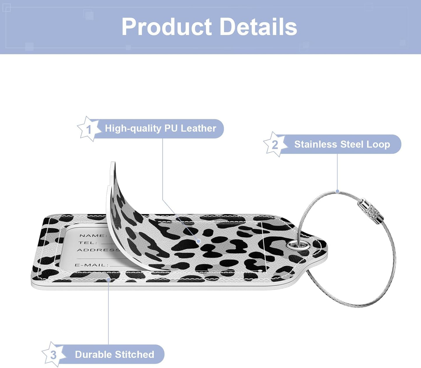 2 Pack PU Leather Luggage Tags for Suitcase, Travel Cruise Luggage Tag with Privacy Flap, Name ID Label and Metal Loop for Women Men Baggage Handbag School Bag Backpack, Leopard Leaves