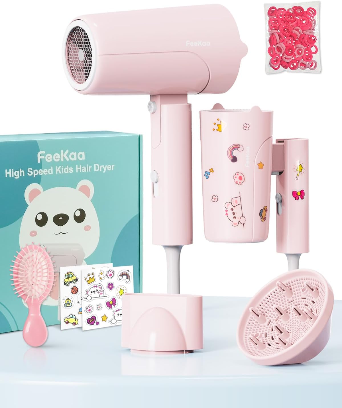 FeeKaa Foldable High Speed Kids Hair Dryer 100 Million Negative Ions, Mini Ionic Travel Kids Blow Dryer with Diffuser Concentrator Detangler Brush Hair Ties Cute Stickers, Compact, Lightweight, Quiet