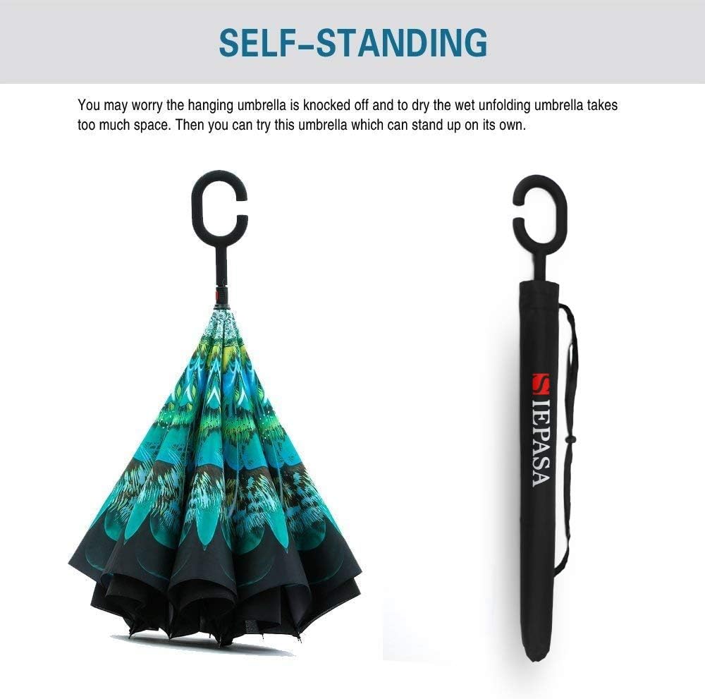 SIEPASA 49/56 Inch Inverted Reverse Upside Down Umbrella, Extra Large Double Canopy Vented Windproof Waterproof Stick Golf Umbrellas with C-shape Handle.