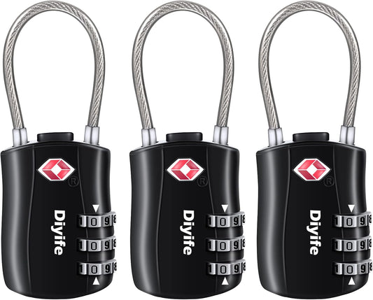 TSA Luggage Locks,[3 Pack] Diyife TSA Approved Cable Luggage Locks,Suitcase Padlocks,Luggage Locks, 3 Digit Resettable Combination Locks with Alloy Body for Travel,Bags,Suitcase