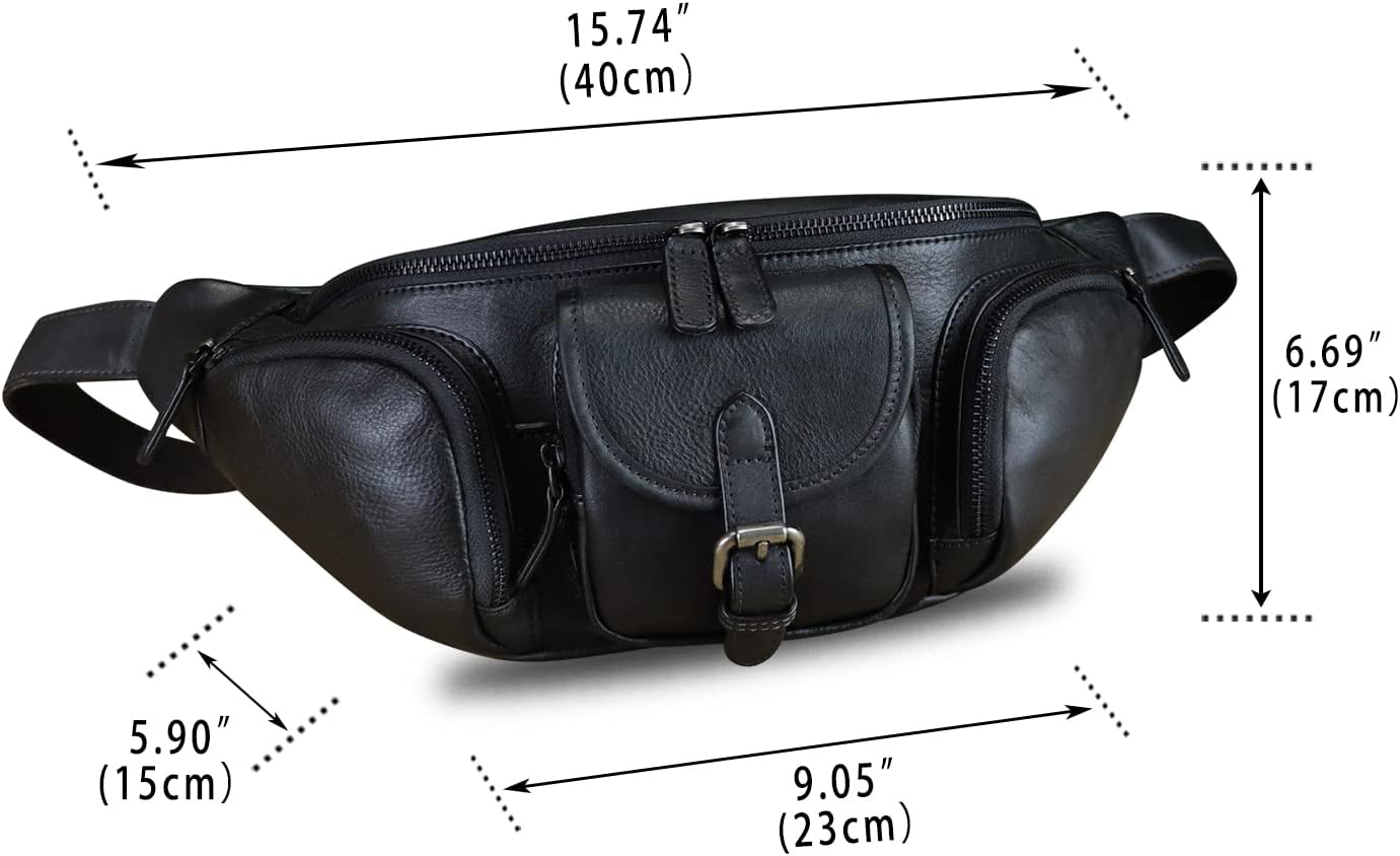 Genuine Leather Fanny Pack for Men and Women Real Leather Sling Bag Crossbody Bag Fashion Waist Bag Chest Purse (Black)