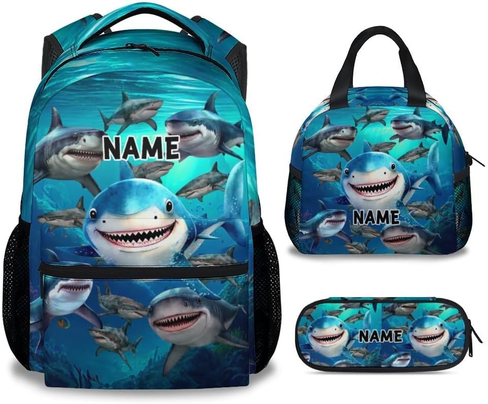 Custom Shark Backpack with Lunch Box, Set of 3 School Backpacks Matching Combo, Cute Blue Bookbag and Pencil Case Bundle