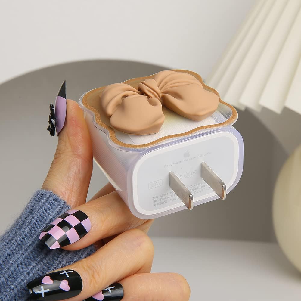 Compatible with iPhone 18W/20W USB-C Charger Cover Cute 3D Bow Tie Design Clear Soft Charger Protector Kawaii Cable Saver for iPhone 11 12 13 14 Pro Max Fast Power Adapter, Brown 2 (5in1)