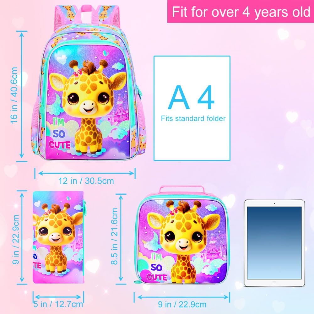 3PCS Girls Giraffe Bookbag, Water Resistant Kids Backpack Set with Lunch Box, Cute School Bag for