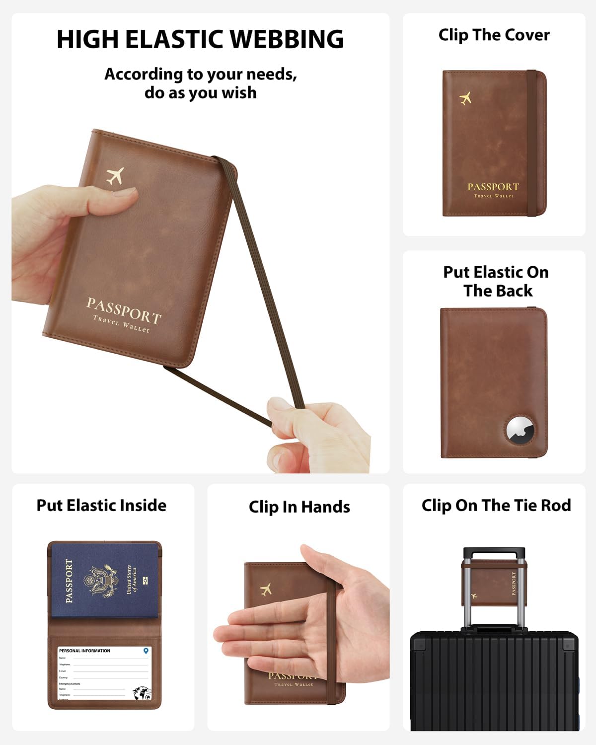 Stouchi AirTag Passport Holder, RFID Passport Holder with Airtag Slot, Multiple Passport Wallet Cover for Men, Leather Passport Case, Anti-Lost Waterproof Travel Accessories, Brown
