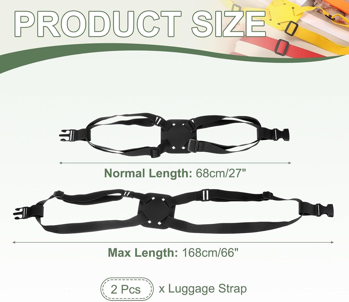 Adjustable Luggage Straps, Suitcase Elastic Strap Bag Bungee with Buckles Travel Accessories - Fitting for(Travel/Add A Bag/Securing Luggage), 27-66 Inch & 2Pcs & Black